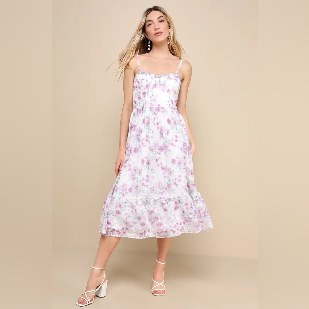 LULUS SIZE M Deeply Darling White Floral Organza Burnout Strapless Midi‎ Dress